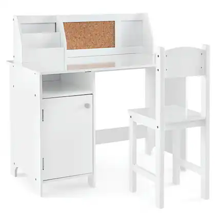 Front. Kadyn - Wooden Kids Study Desk and Chair Set with Storage Cabinet and Bulletin Board-White, Small Folding Table for Arts - White.