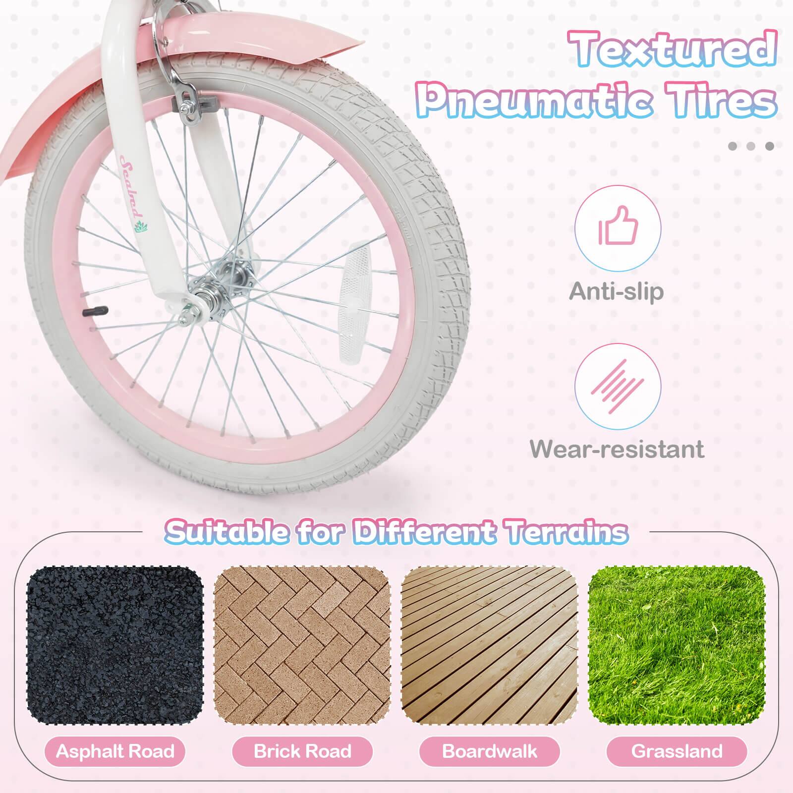 Seabed Textured Pneumatic Tires  
Anti-slip  
Wear-resistant  
Suitable for Different Terrains  
Asphalt Road  
Brick Road  
Boardwalk  
Grassland