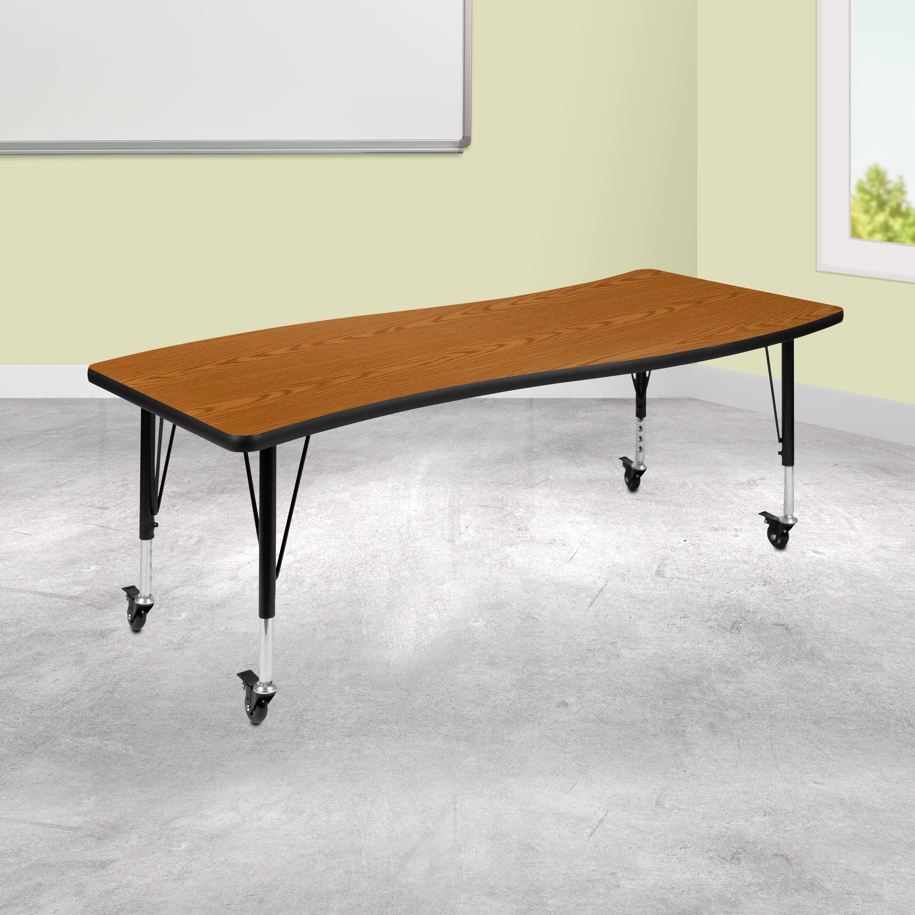 Angle. Flash Furniture - Wren Mobile 26"W x 60"L Rectangle Wave Flexible Collaborative Oak Laminate Activity Table - Height Adjust Short Legs - Brown.