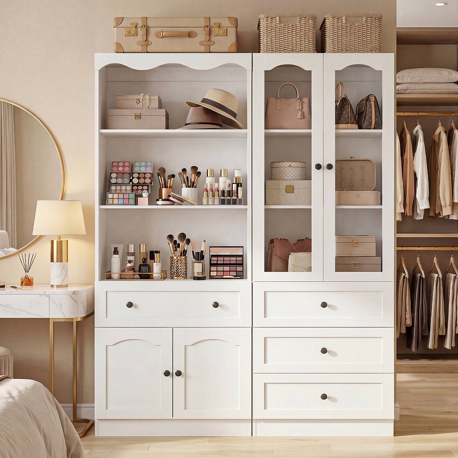 Alt View 2. Aheaplus - 102.2''W Bookcase with Drawers and Glass Doors, 80'' Tall Bookshelf with Adjustable Shelves for Storage & Organization - White.