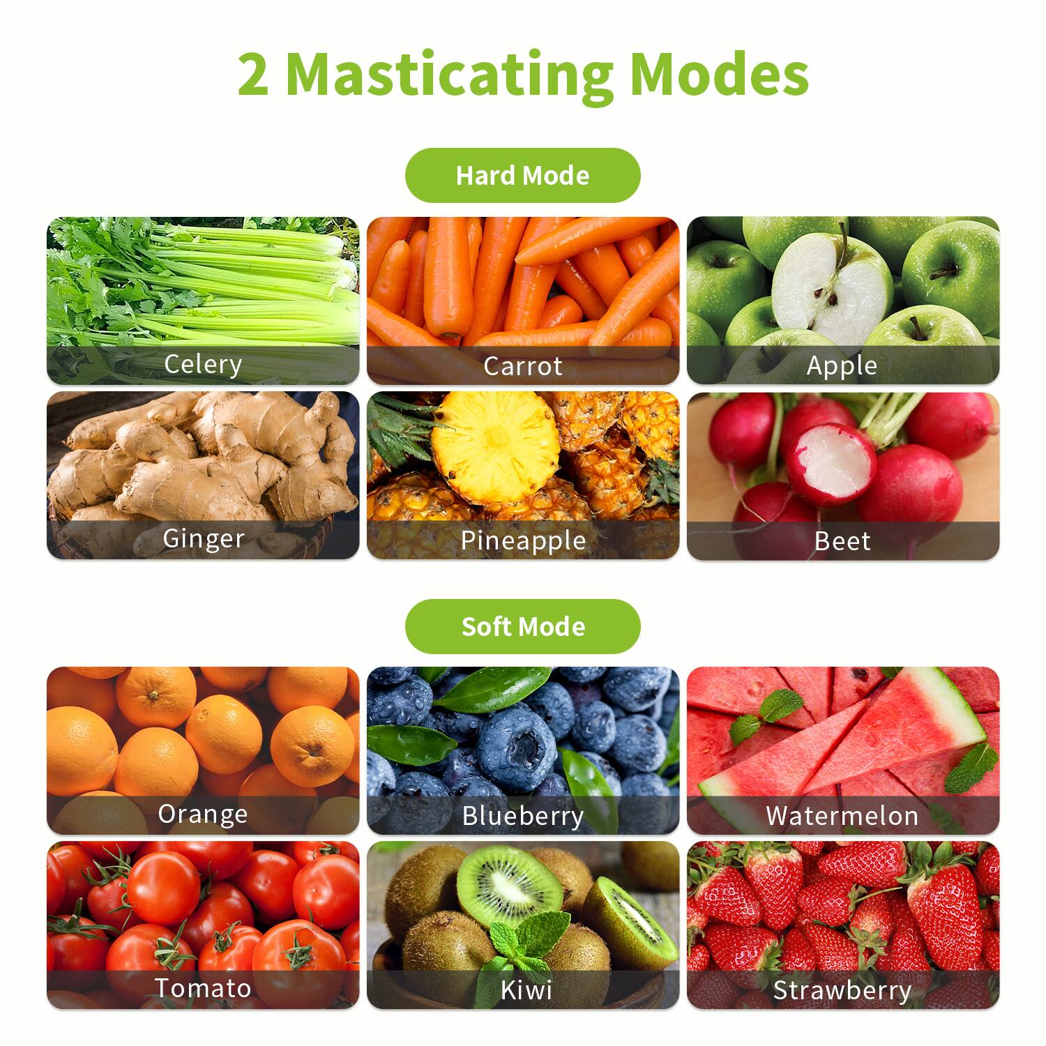 2 Masticating Modes

Hard Mode
Celery
Carrot
Apple
Ginger
Pineapple
Beet

Soft Mode
Orange
Blueberry
Watermelon
Tomato
Kiwi
Strawberry