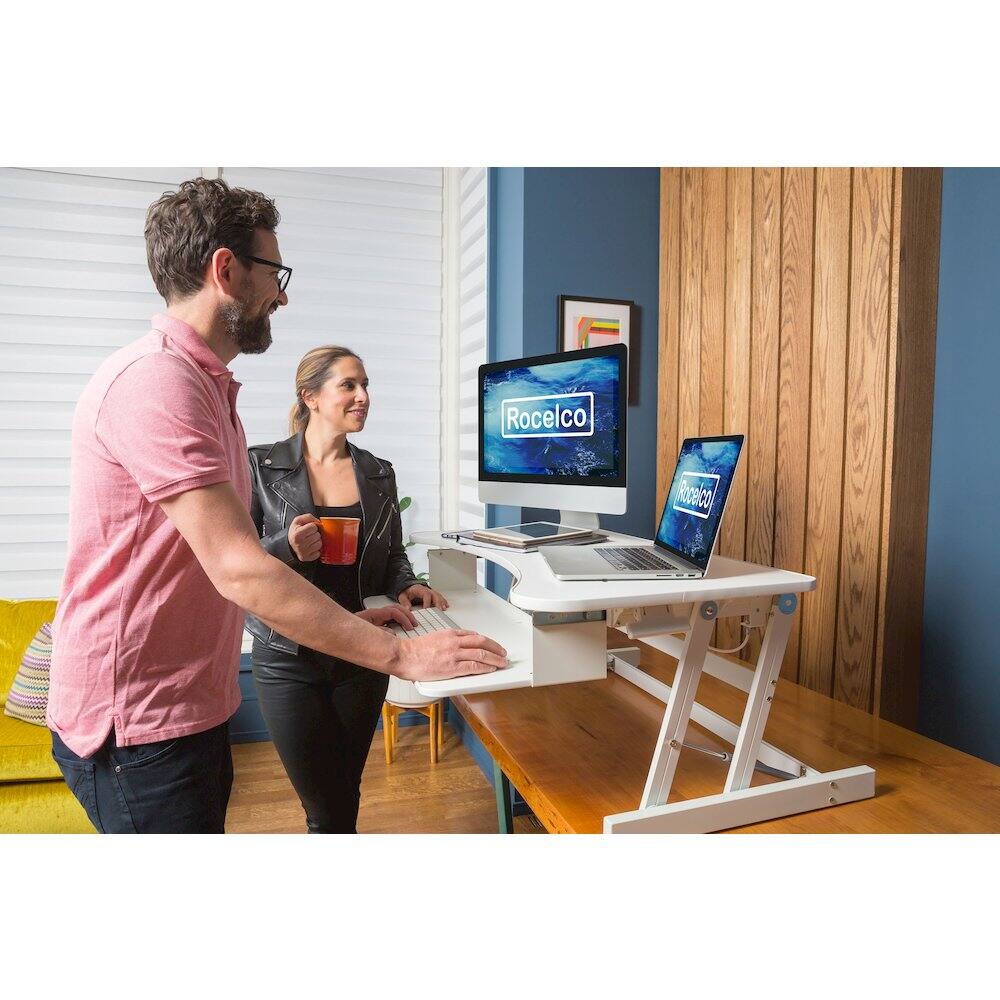 Rocelco - 37.5" Height Adjustable Standing Desk Converter with Dual Monitor Mount and Anti-Fatigue Mat - White - Thumbnail 2