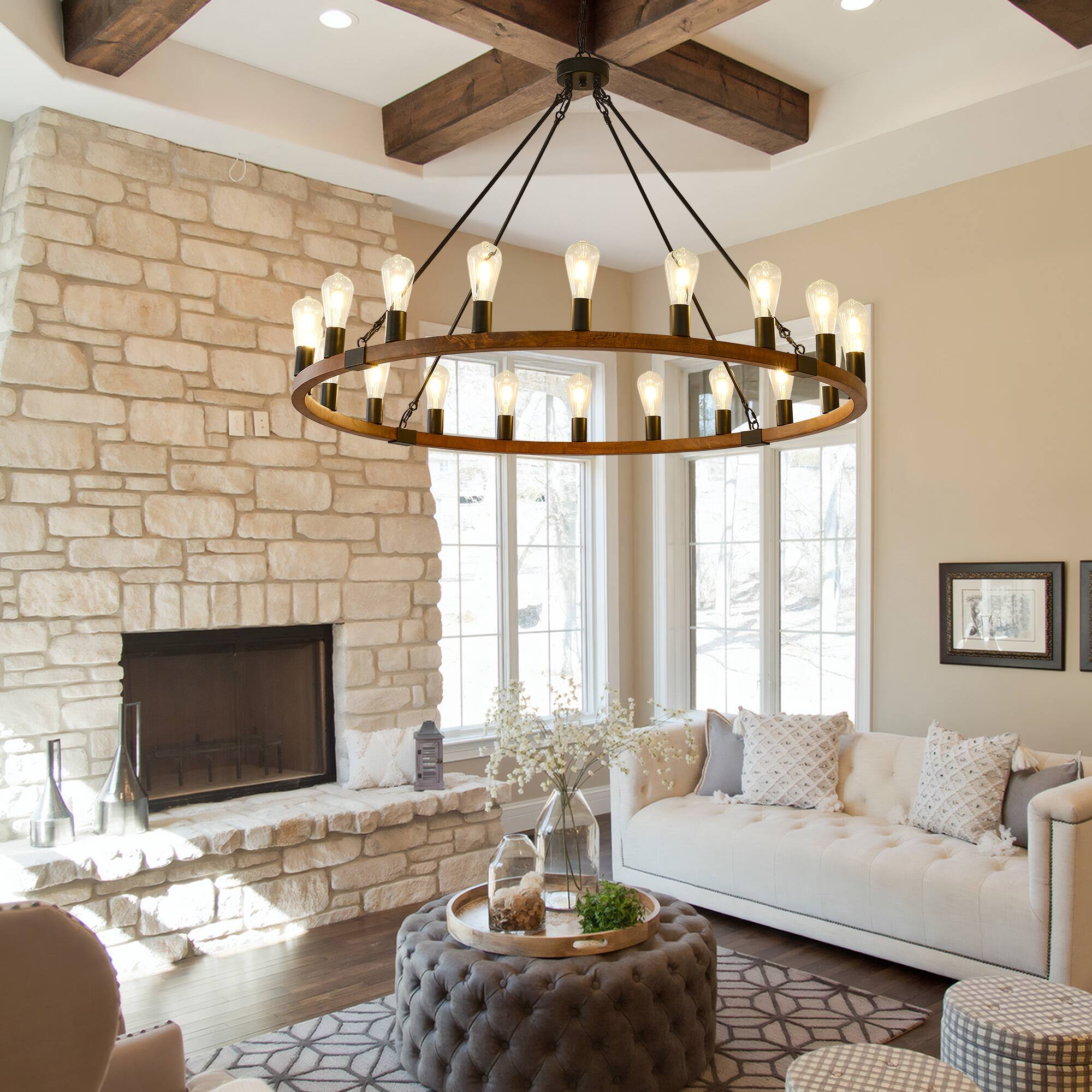 Alt View 1. RYHNUYNE - 20 Lights Wooden Wagon Wheel Chandelier,47'' Rustic Light Fixtures,  Farmhouse Round Chandelier for Living Dining Room - Brown.