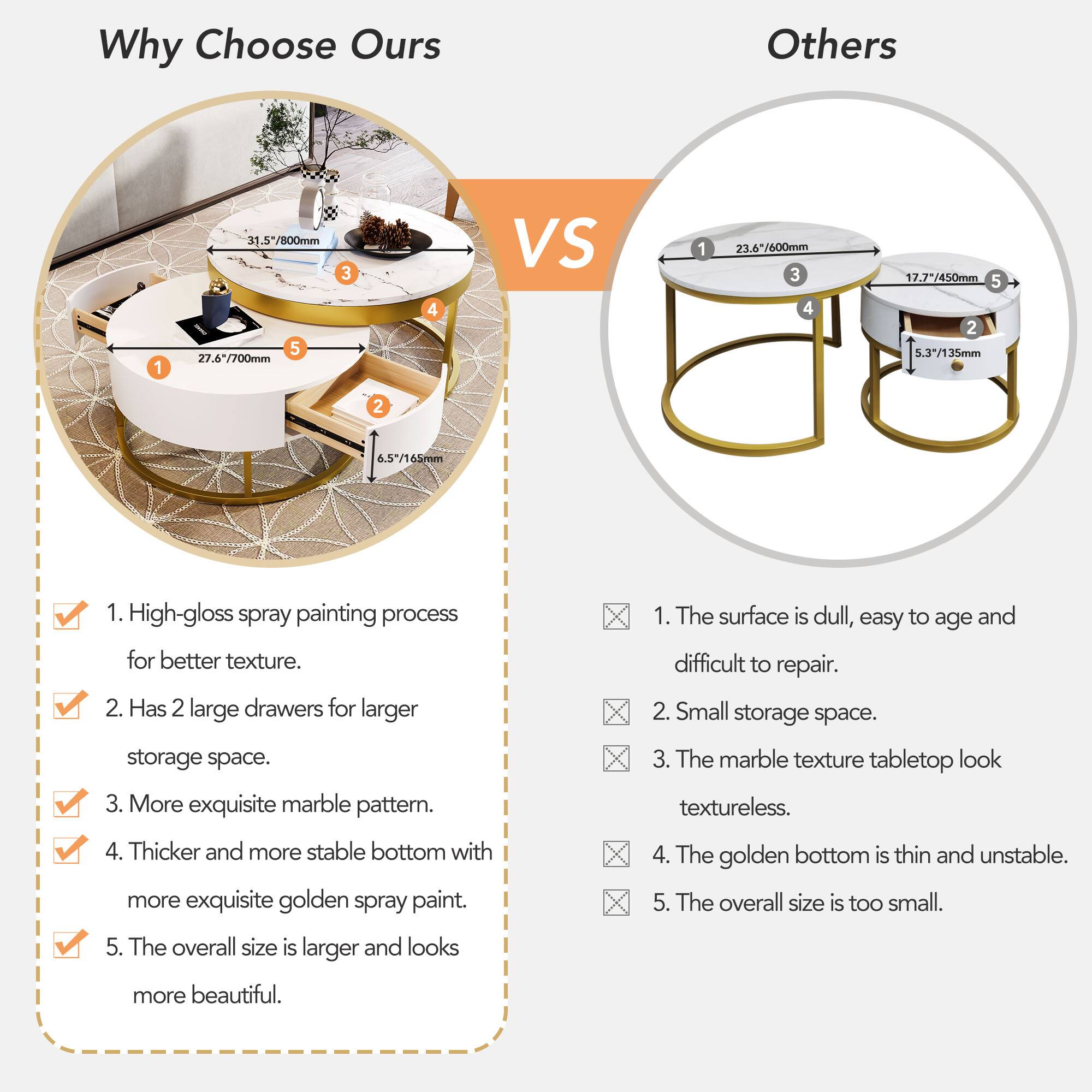 **Why Choose Ours**

1. High-gloss spray painting process for better texture.
2. Has 2 large drawers for larger storage space.
3. More exquisite marble pattern.
4. Thicker and more stable bottom with more exquisite golden spray paint.
5. The overall size is larger and looks more beautiful.

**Others**

1. The surface is dull, easy to age and difficult to repair.
2. Small storage space.
3. The marble texture tabletop look textureless.
4. The golden bottom is thin and unstable.
5. The overall size is too small.