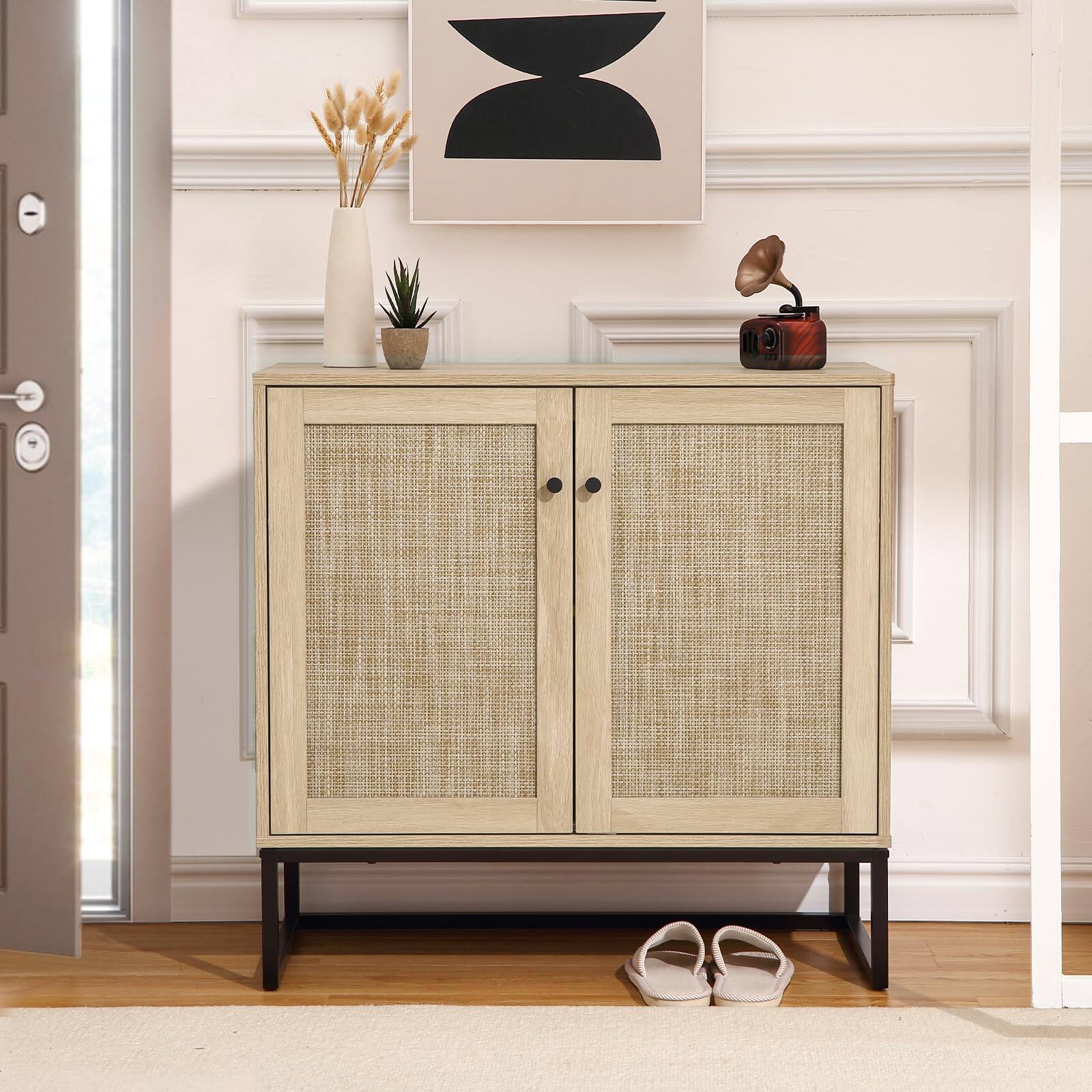 Back. Qeetex - Bohemian Rattan Sideboard Buffet Cabinet with 2 Doors & Adjustable Shelves for Storage - Natural.
