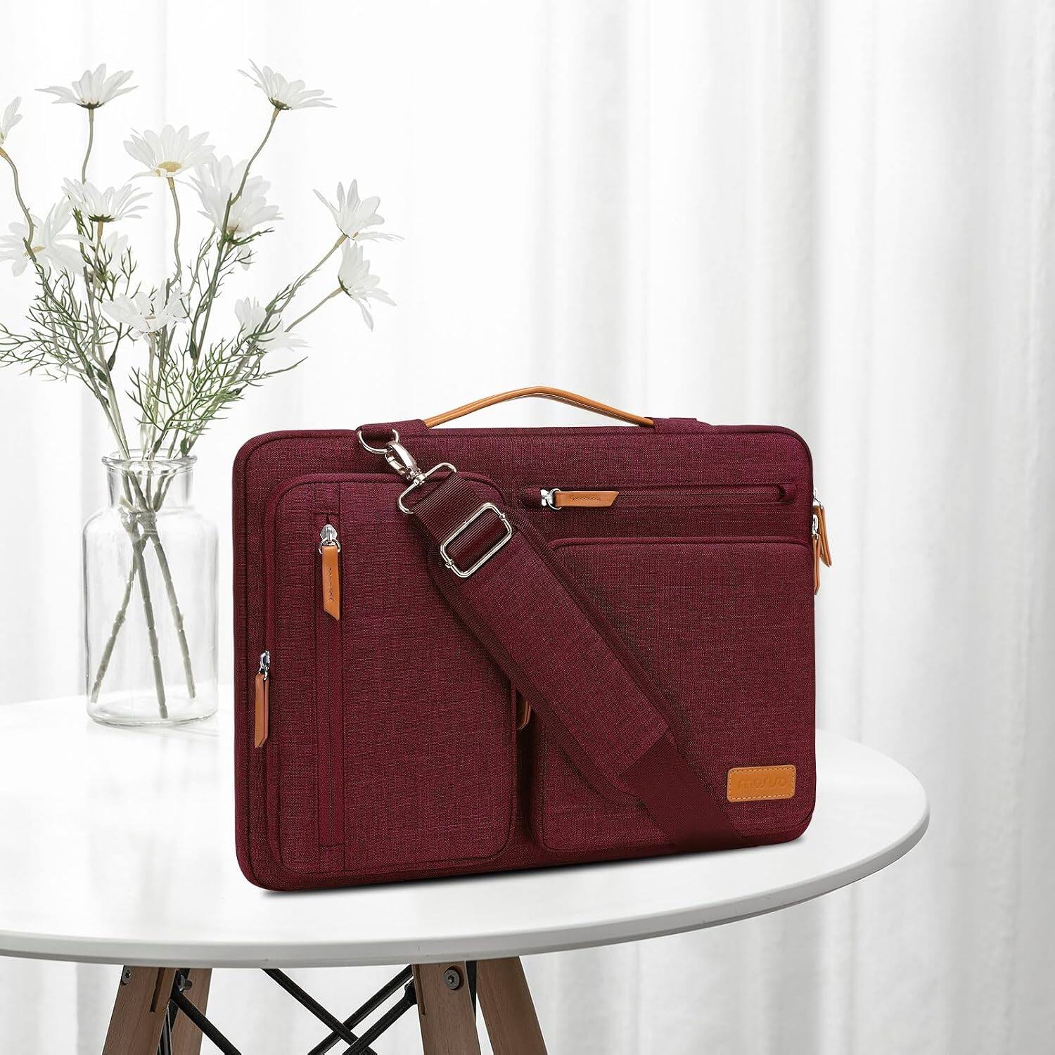 Left. mosiso - 360 Protective Laptop Shoulder Bag 15 inch Computer Messenger Bags for MacBook Air 15 M5 M4 M3 M2/Pro 15/Dell XPS Plus - Wine Red.