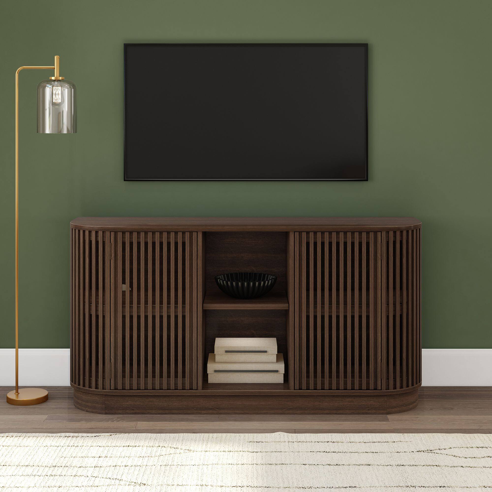 Alt View 1. Plank+Beam - Contour Sideboard, 2 Door w/ Middle Shelf (1495 x 406 x 762mm / 59 x 16 x 30in), Walnut - Walnut.