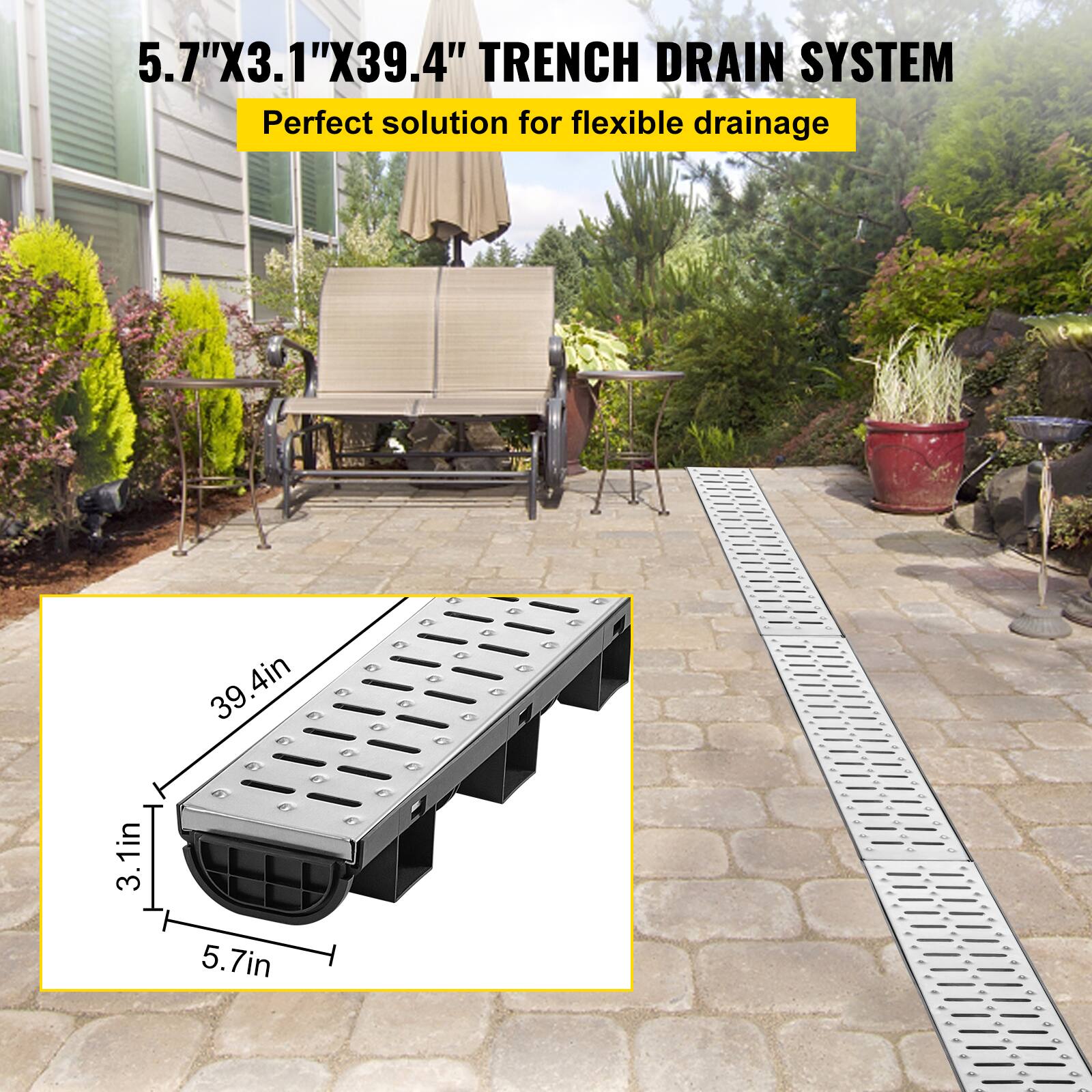 5.7"X3.1"X39.4" TRENCH DRAIN SYSTEM  
Perfect solution for flexible drainage  

39.4in  
3.1in  
5.7in