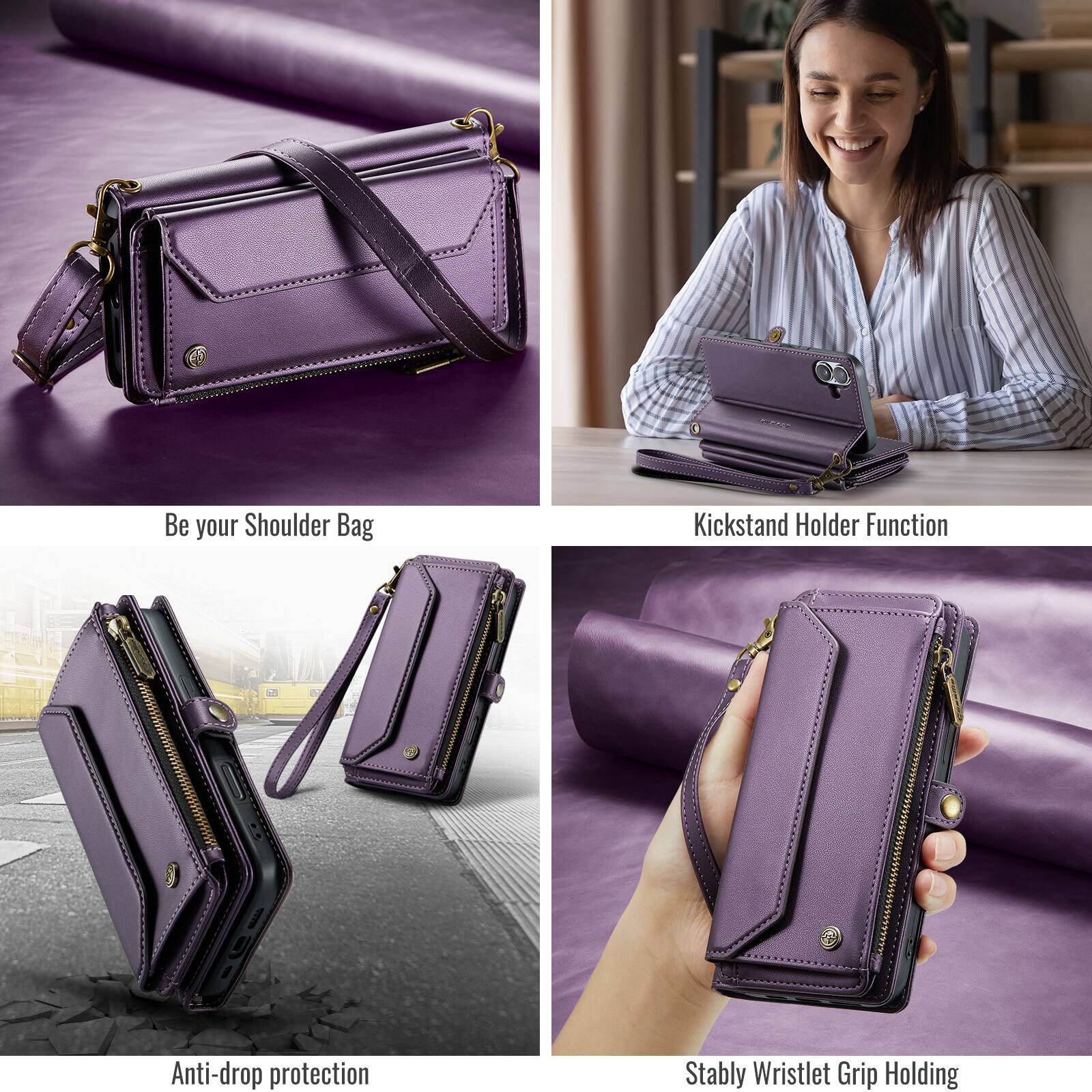 Be your Shoulder Bag  
Kickstand Holder Function  
Anti-drop protection  
Stably Wristlet Grip Holding