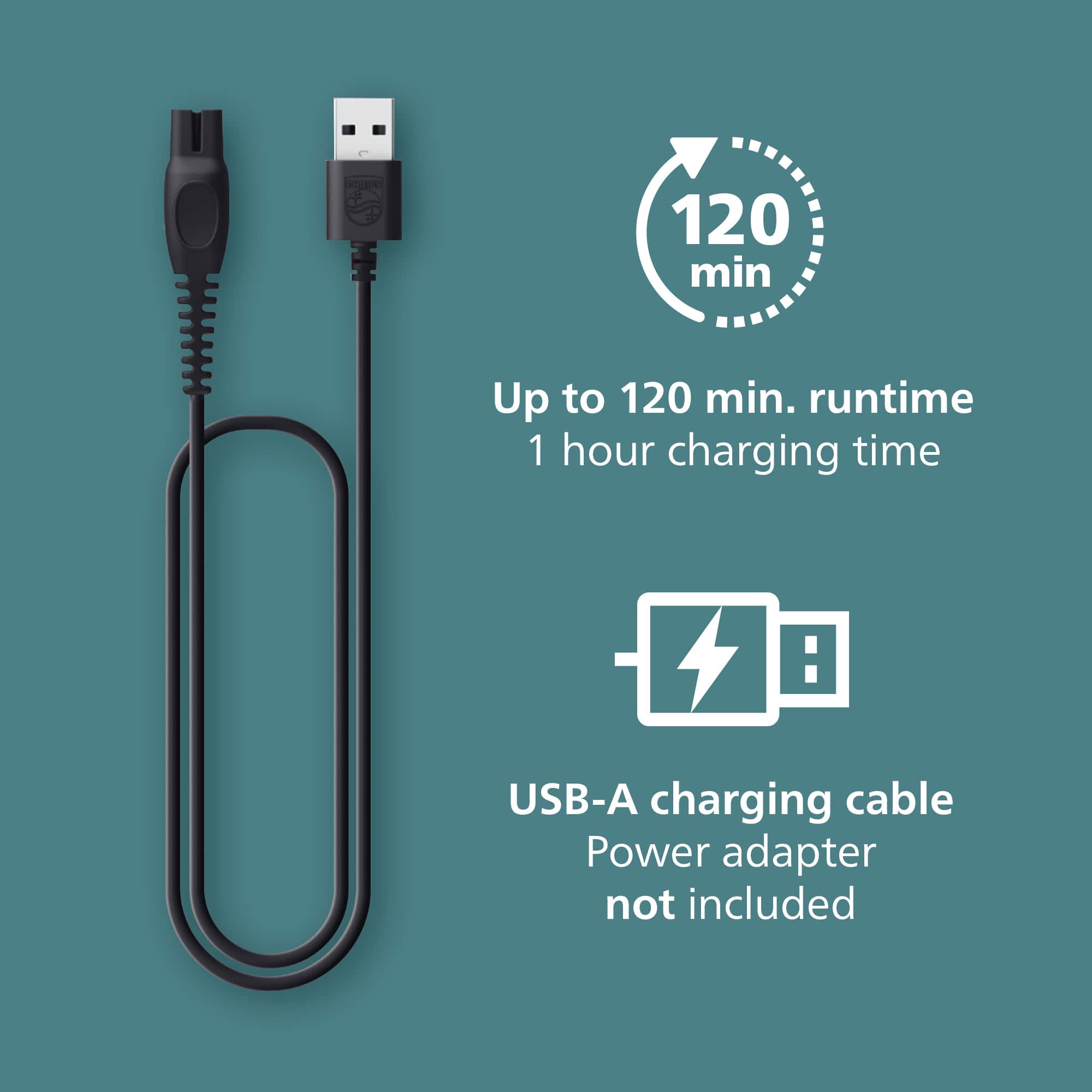- Up to 120 min. runtime
- 1 hour charging time
- USB-A charging cable
- Power adapter not included