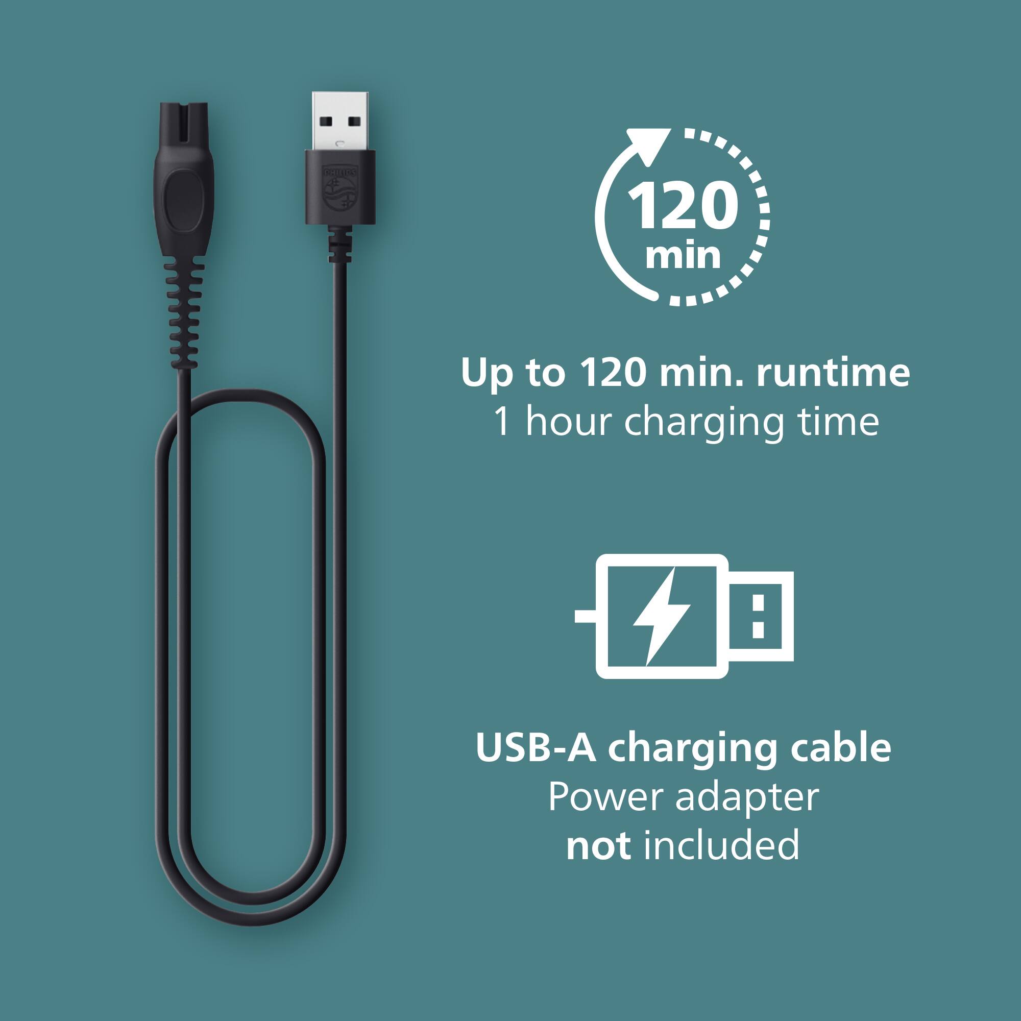 - Up to 120 min. runtime
- 1 hour charging time
- USB-A charging cable
- Power adapter not included