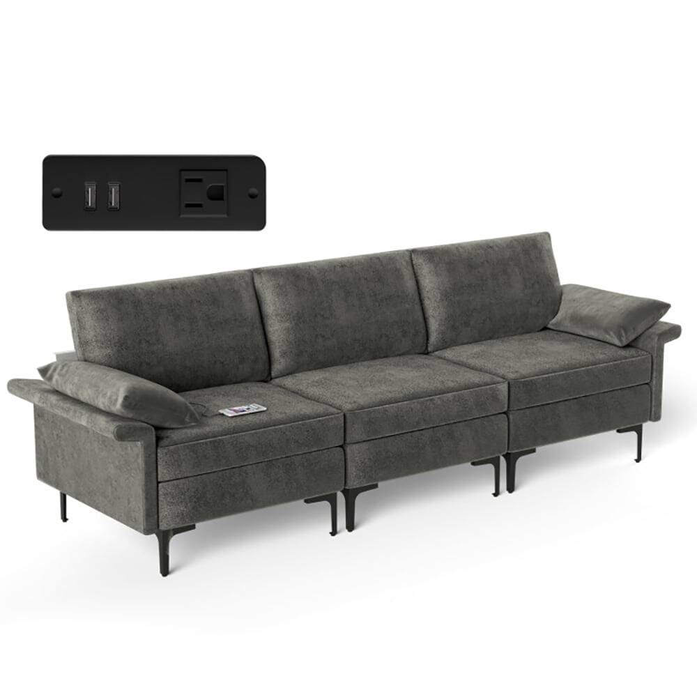 Angle. Kadyn - 3-Seat Sofa Sectional with Metal Legs and 2 USB Ports for 3-4 people-Silver, Sectional Sofa Couch Living Room Sleeper - Gray.