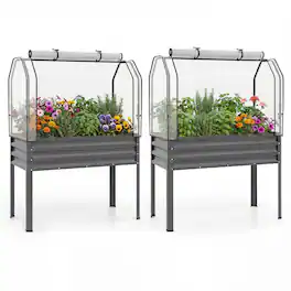 Costway - 2 PCS Galvanized Raised Garden Bed with Legs Roll-up Door for Vegetable Flower Herb - Gray