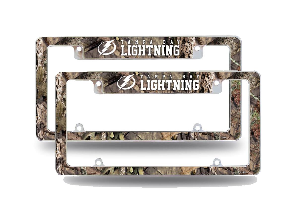 Tampa Bay Lightning Chrome Metal (Set of 2) License Plate Frames with Mossy Oak Camouflaged Camo Design