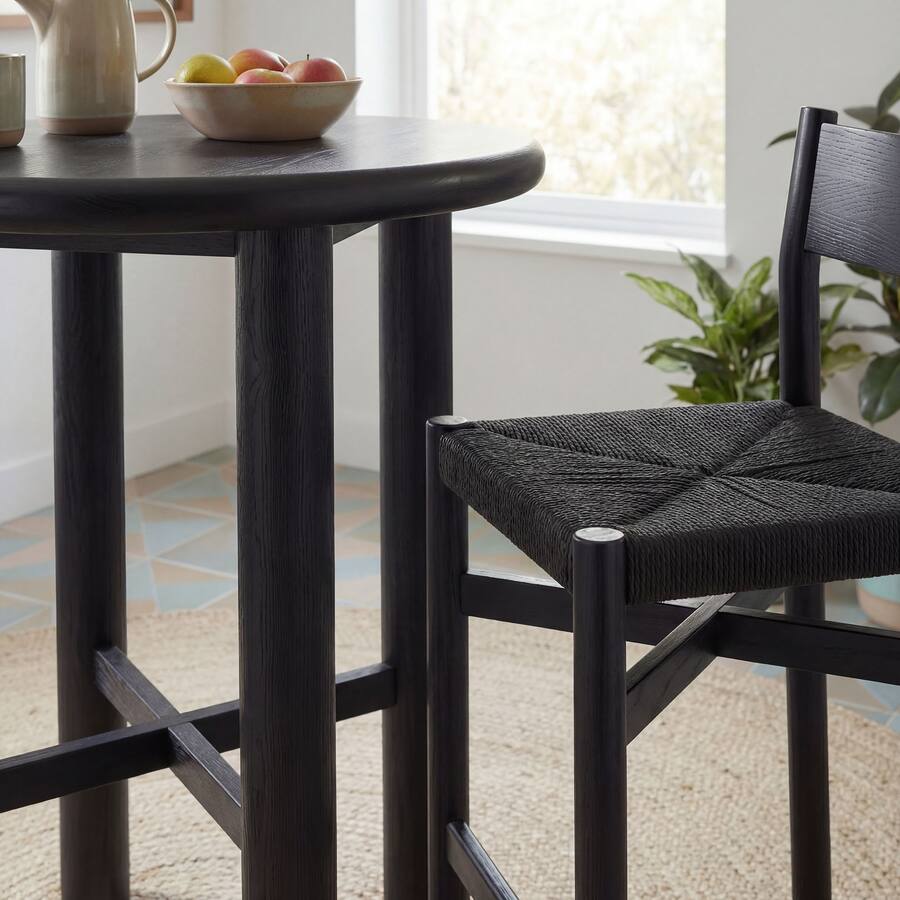 Two Round Table Alvia 3 Piece Round Oak Wood Bar Table With Bar Stools Set by Modway ...
