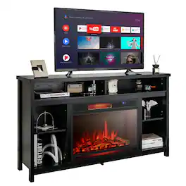 Gymax - 58'' Fireplace TV Stand Entertainment Console w/ Spacious Tabletop & Shelves - Black
