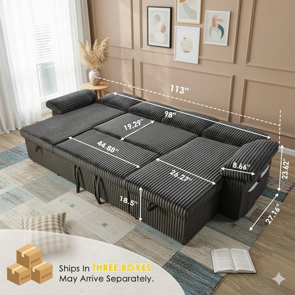 113" 19.29" 44.88" 18.5" 98" 26.27" 8.66" 23.62" 27.16"  
BOX1 Ships In THREE BOXES BOX2 BOX3  
May Arrive Separately.