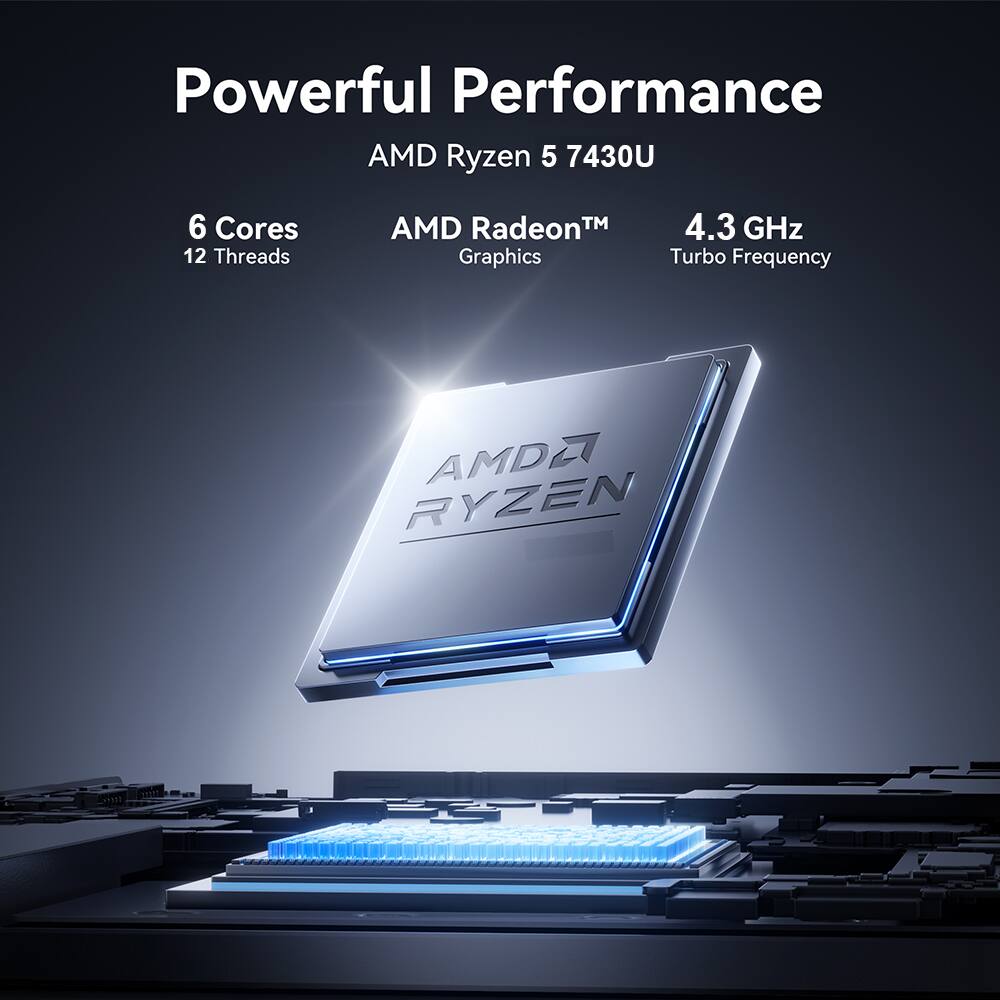 Powerful Performance  
AMD Ryzen 5 7430U  
6 Cores 12 Threads  
AMD Radeon™ Graphics  
4.3 GHz Turbo Frequency  
AMD RYZEN