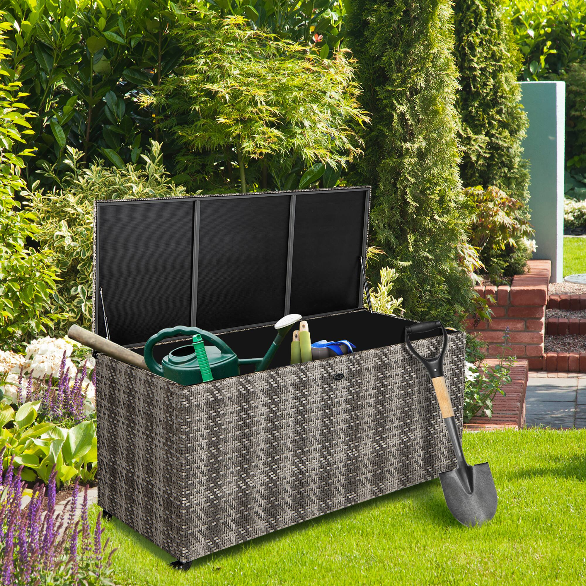Alt View 2. Gymax - Gymax 2-in-1 PE Wicker Outdoor Storage Box Furniture Deck Box Garden Tools Mix Grey - Mix Grey.