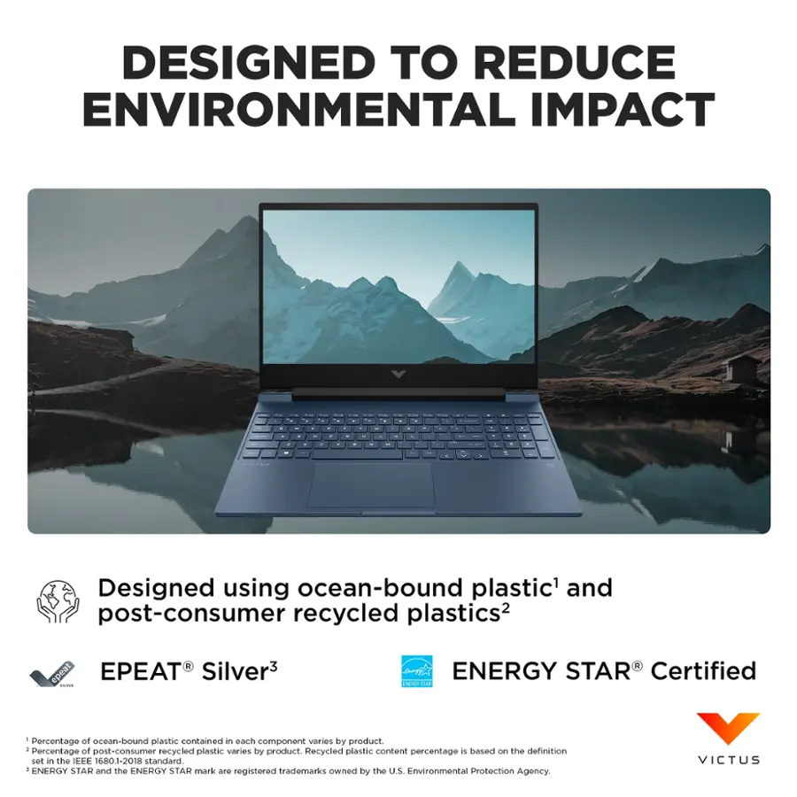 Designed to Reduce Environmental Impact - Designed using ocean-bound plastic and post-consumer recycled plastics.  epeat PEAT Silver - ENERGY STAR Certified. The percentage of ocean-bound plastic contained in each component varies by product. The percentage of post-consumer recycled plastic varies by product. Recycled plastic content percentage is based on the definition set in the IEEE 6801-2018 standard. ENERGY STAR and the ENERGY STAR mark are registered trademarks owned by the U.S. Environmental Protection Agency.