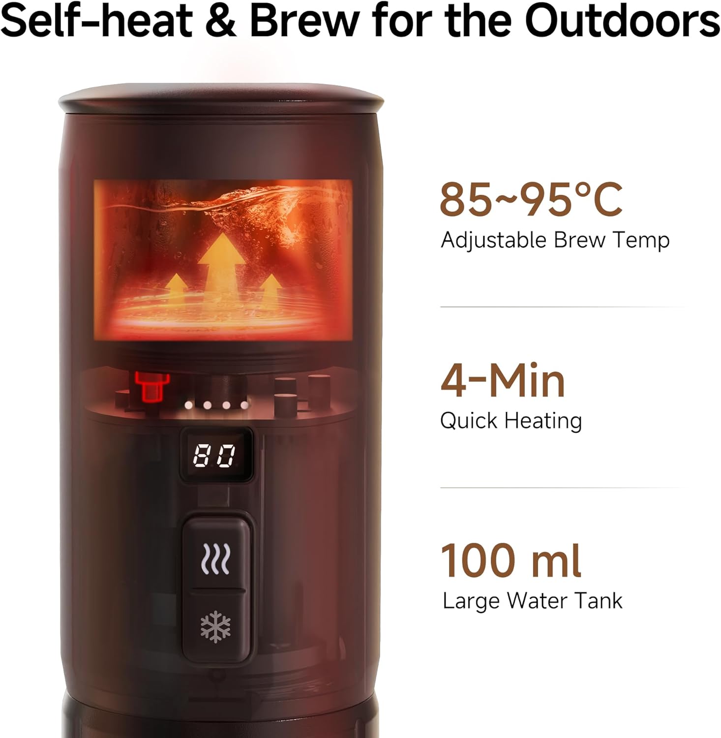 Self-heat & Brew for the Outdoors

85~95°C Adjustable Brew Temp

4-Min Quick Heating

100 ml Large Water Tank