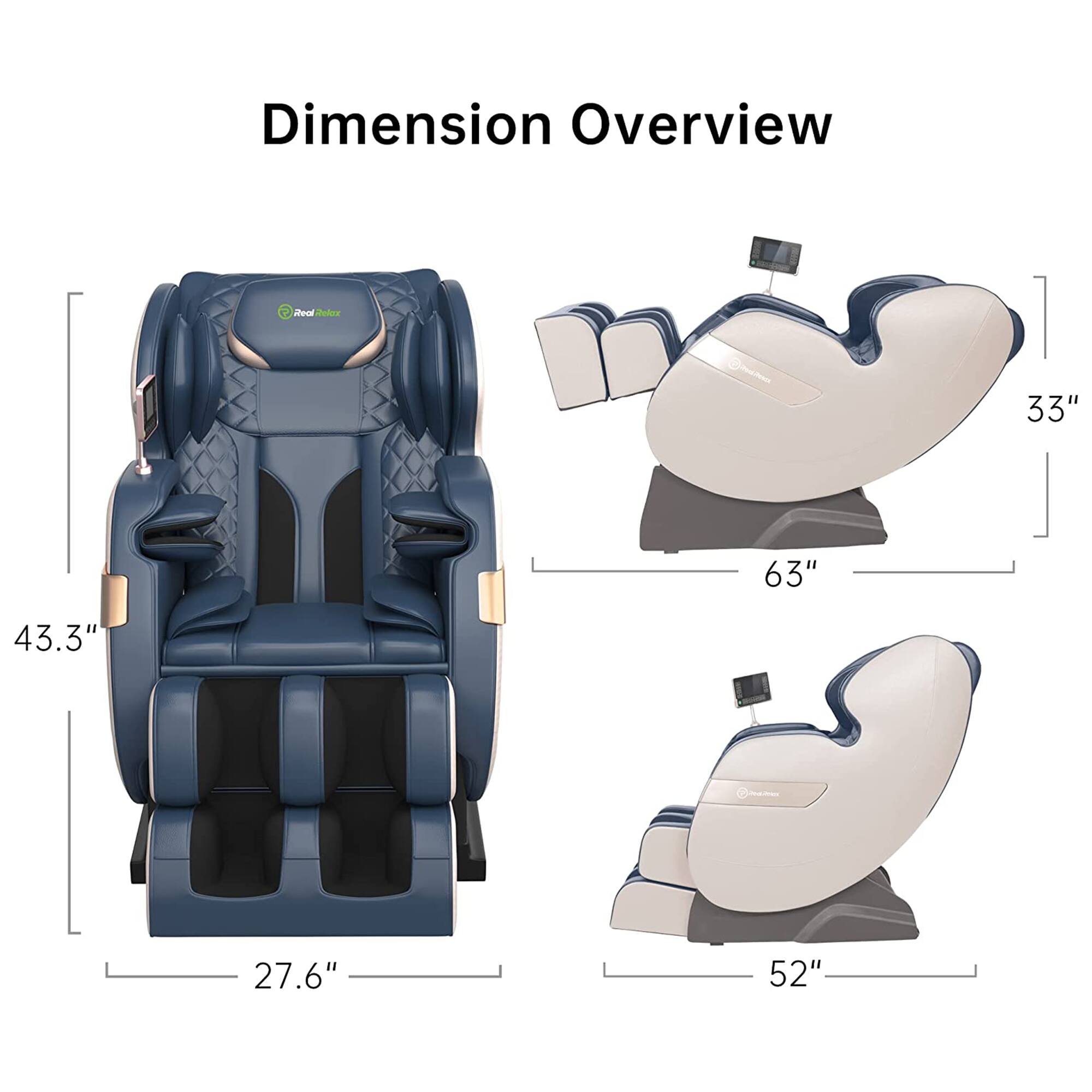 Dimension Overview

- Height: 43.3"
- Width: 63"
- Depth: 33"
- Seat Width: 27.6"
- Footrest Length: 52"