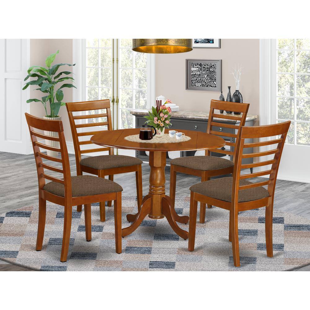Left. East West Furniture - DLML5-SBR-C 5 Pc small Kitchen Table and Chairs set-round Kitchen Table and 4 Kitchen Chairs - Saddle Brown.