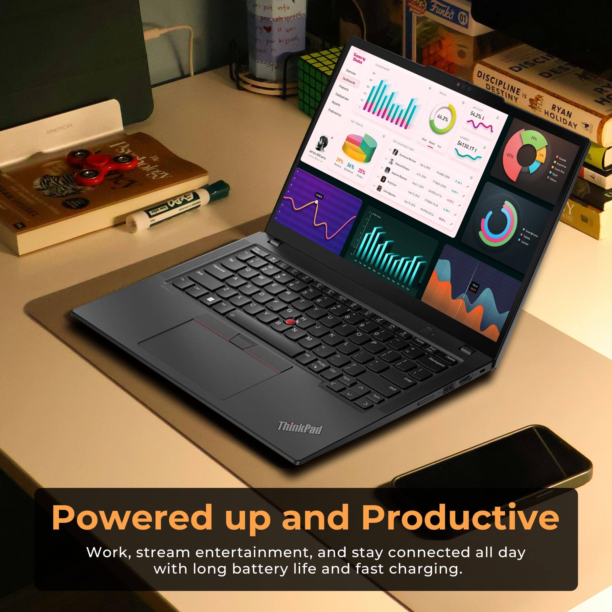 Powered up and Productive  
Work, stream entertainment, and stay connected all day with long battery life and fast charging.