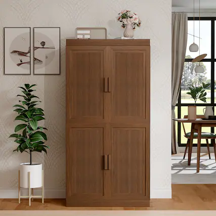 Front. PexFix - 62" Kitchen Pantry Cabinet, Oak Freestanding Storage Cabinet with Woven Doors and Adjustable Shelves for Dining Room - Light Walnut.