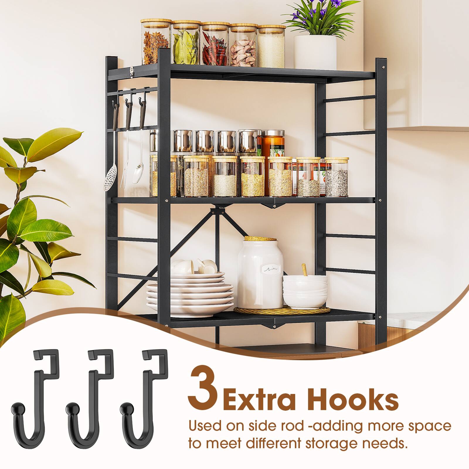 3 Extra Hooks  
Used on side rod - adding more space to meet different storage needs.