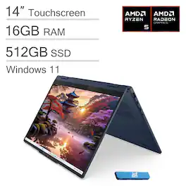 Lenovo - IdeaPad 5 14" FHD+ Touchscreen 2-in-1 AI Laptop - AMD Ryzen AI 5 340 - Copilot+ PC - 16GB RAM - 512GB SSD - Win 11 - Cosmic Blue