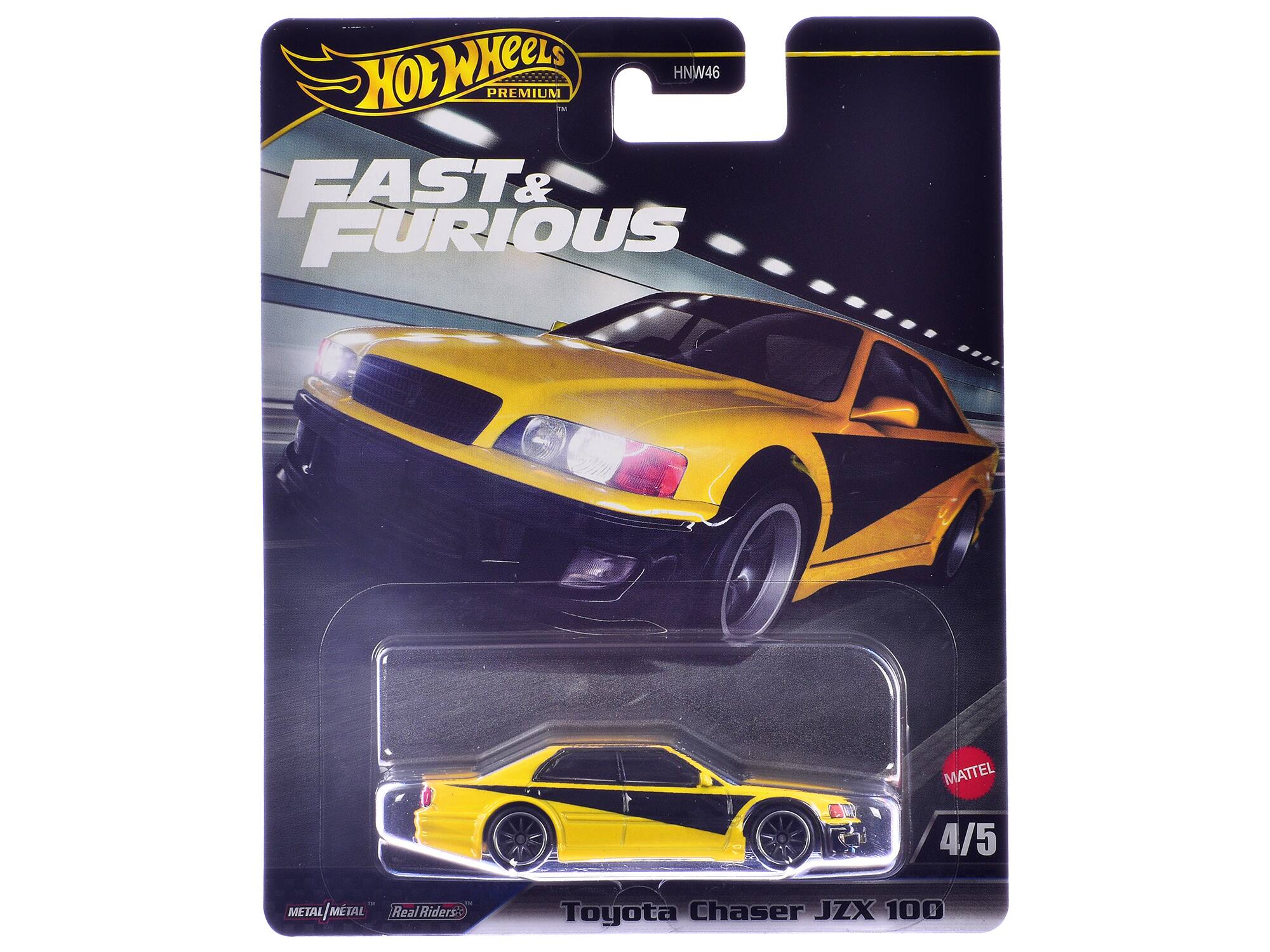 Hot Wheels Premium HNW46  
Fast & Furious  
Mattel 4/5  
Metal Metal  
Real Riders' Toyota Chaser JZX 100