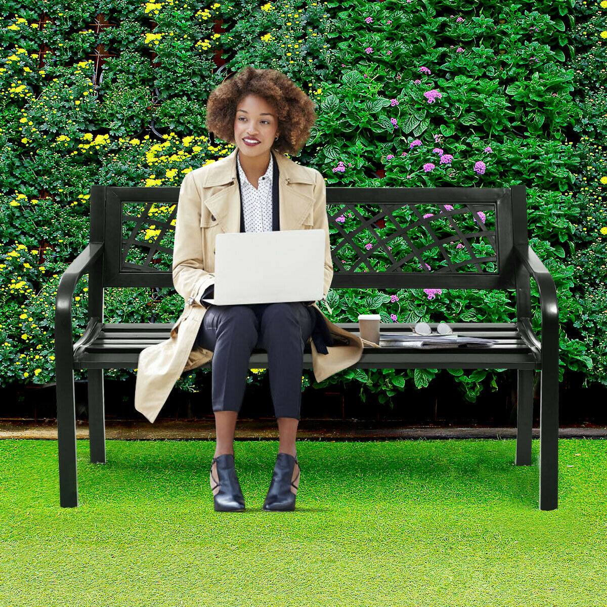 Alt View 3. Costway - Costway Patio Park Garden Bench Porch Path Chair Outdoor Deck Steel Frame - Black.