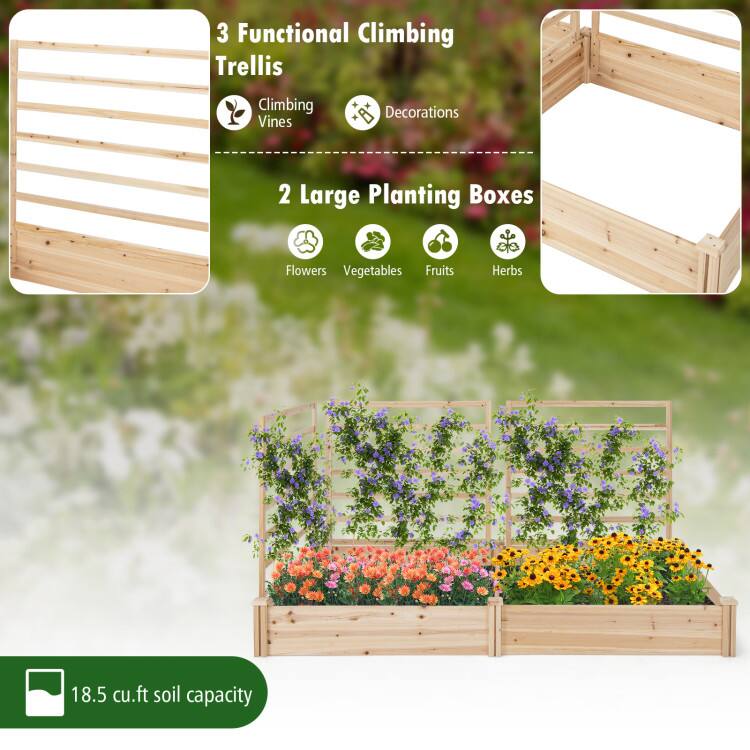 3 Functional Climbing Trellis  
- Climbing Vines  
- Decorations  

2 Large Planting Boxes  
- Flowers  
- Vegetables  
- Fruits  
- Herbs  

18.5 cu.ft soil capacity