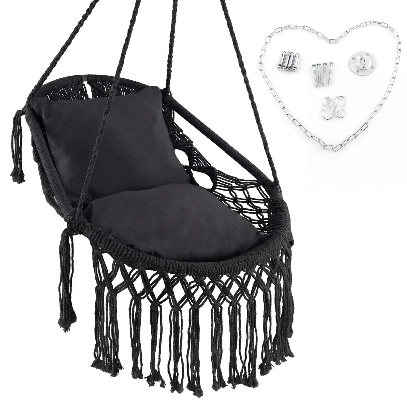 Costway - Macrame Swing Chair, Hanging Cotton Rope Swing Seat with Soft Seat Cushions - Black