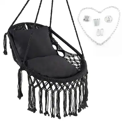 Front. Costway - Costway Macrame Swing Chair, Hanging Cotton Rope Swing Seat with Soft Seat Cushions - Black.