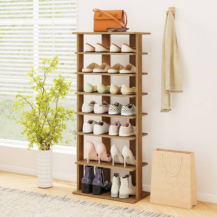High Vertical Racks Gymax 7 Tier Double Rows Shoe Rack Vertical Wooden Shoe Storage ...