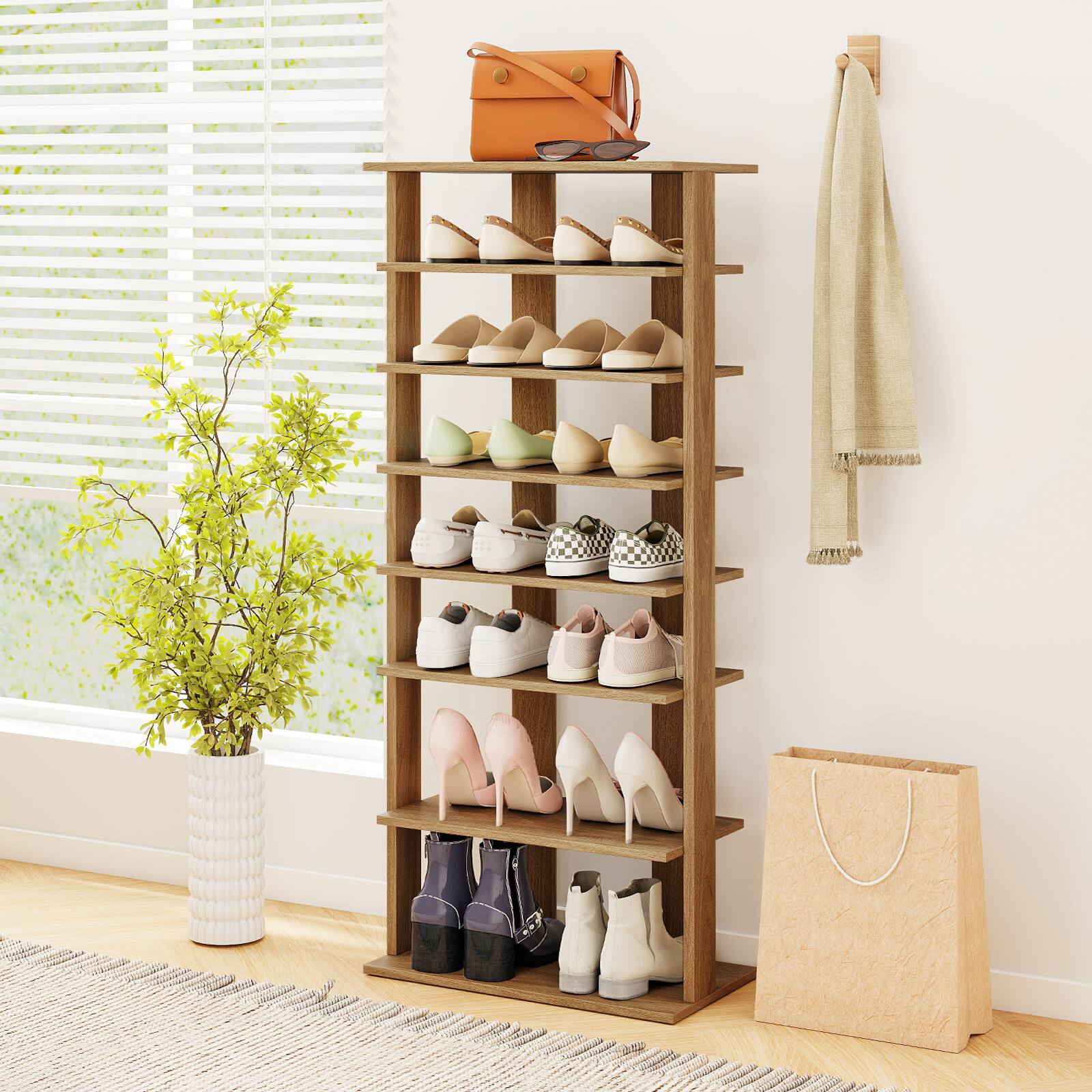 Alt View 3. Gymax - Gymax 7-Tier Double Rows Shoe Rack Vertical Wooden Shoe Storage Organizer Patented - Yellow.