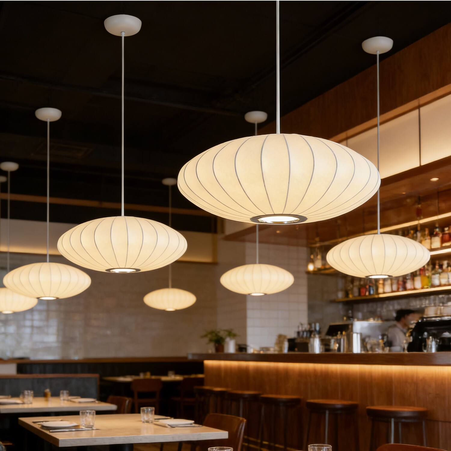 Left. Umeiluce - 19.7 Inches Mid-century Pendant Light Oval Silk Shade Dimmable - White.