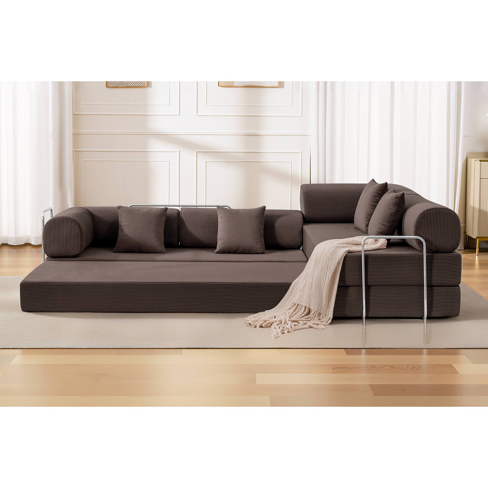Alt View 7. KERDOM - L-Shaped Corduroy Couch Chaise Lounge, 78'' Foldable Sofa Bed 2pcs Combined, Spliced Block Modular Sectional Sponge Sofa - Coffee.
