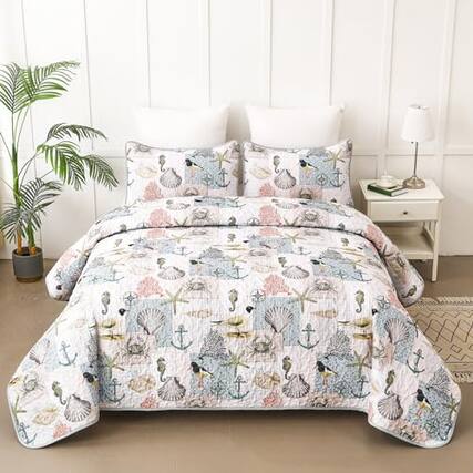 Front. Cedar Assembly - King Quilt Bedding Set 3 Piece Summer Nautical Beach Lightweight For All Season Reversible Microfiber - Beige Patchwork-King.