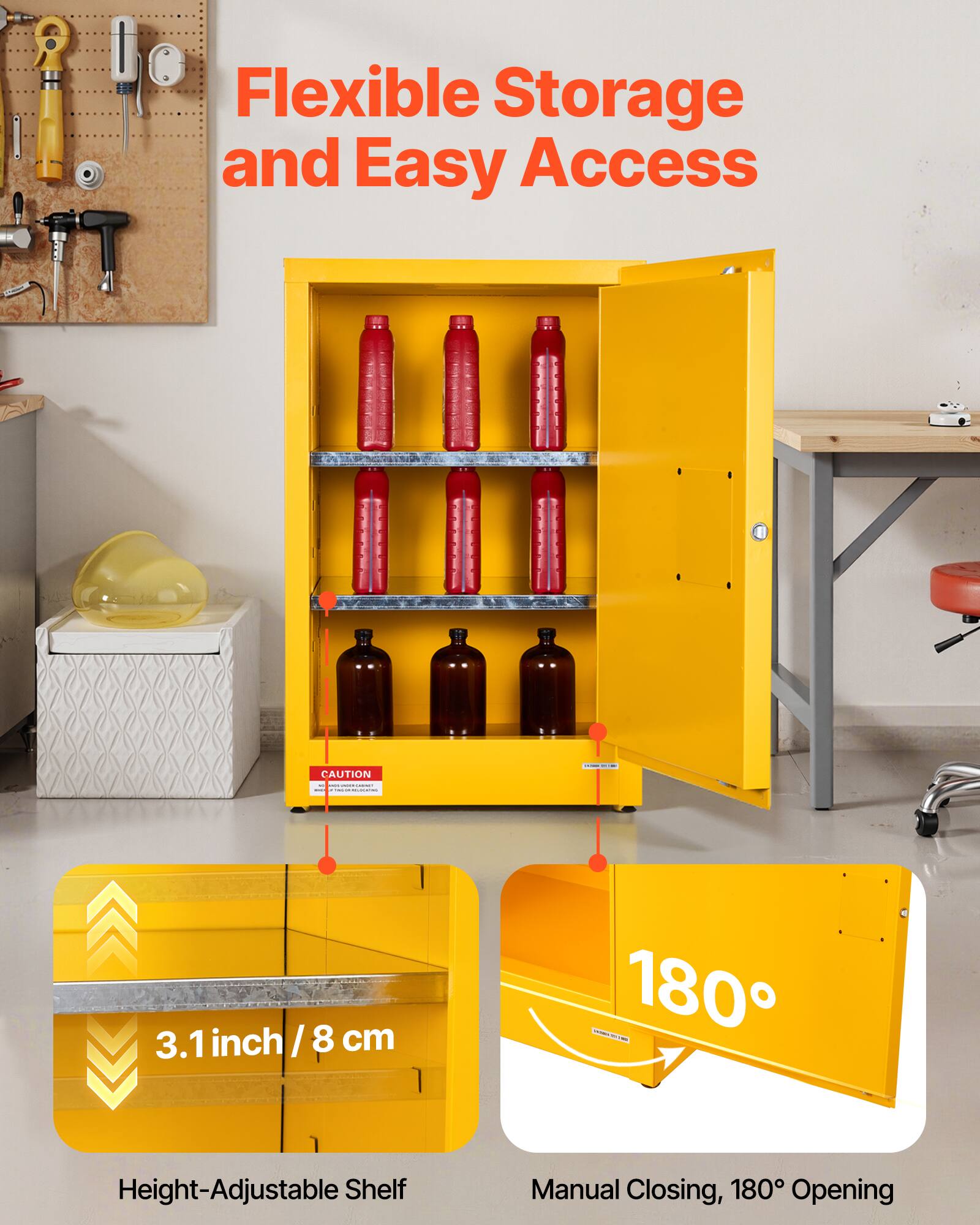 Flexible Storage and Easy Access

CAUTION

3.1 inch / 8 cm

Height-Adjustable Shelf

Manual Closing, 180° Opening