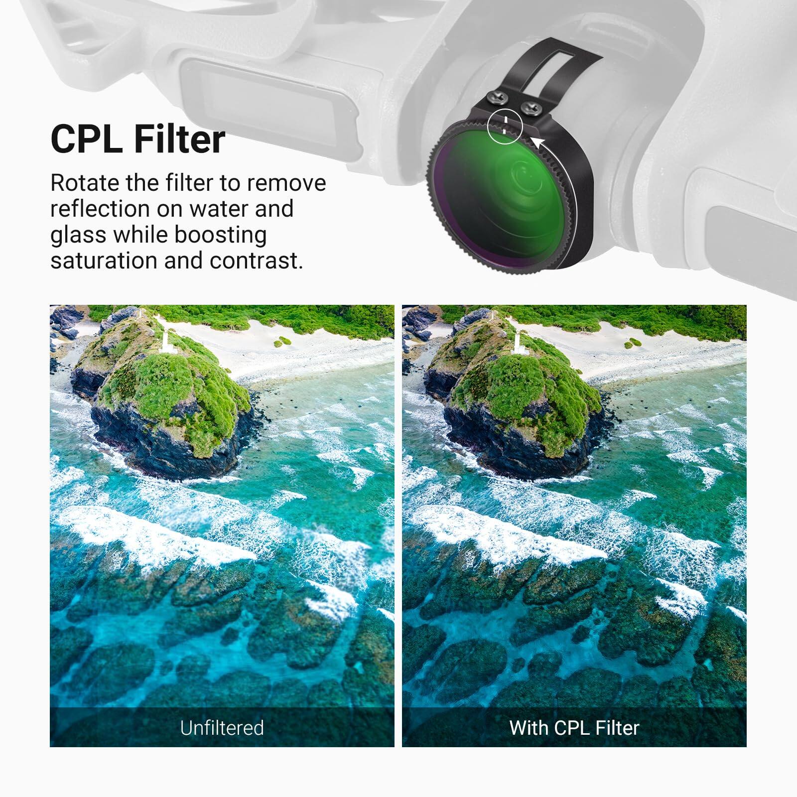 CPL Filter

Rotate the filter to remove reflection on water and glass while boosting saturation and contrast.

Unfiltered

With CPL Filter