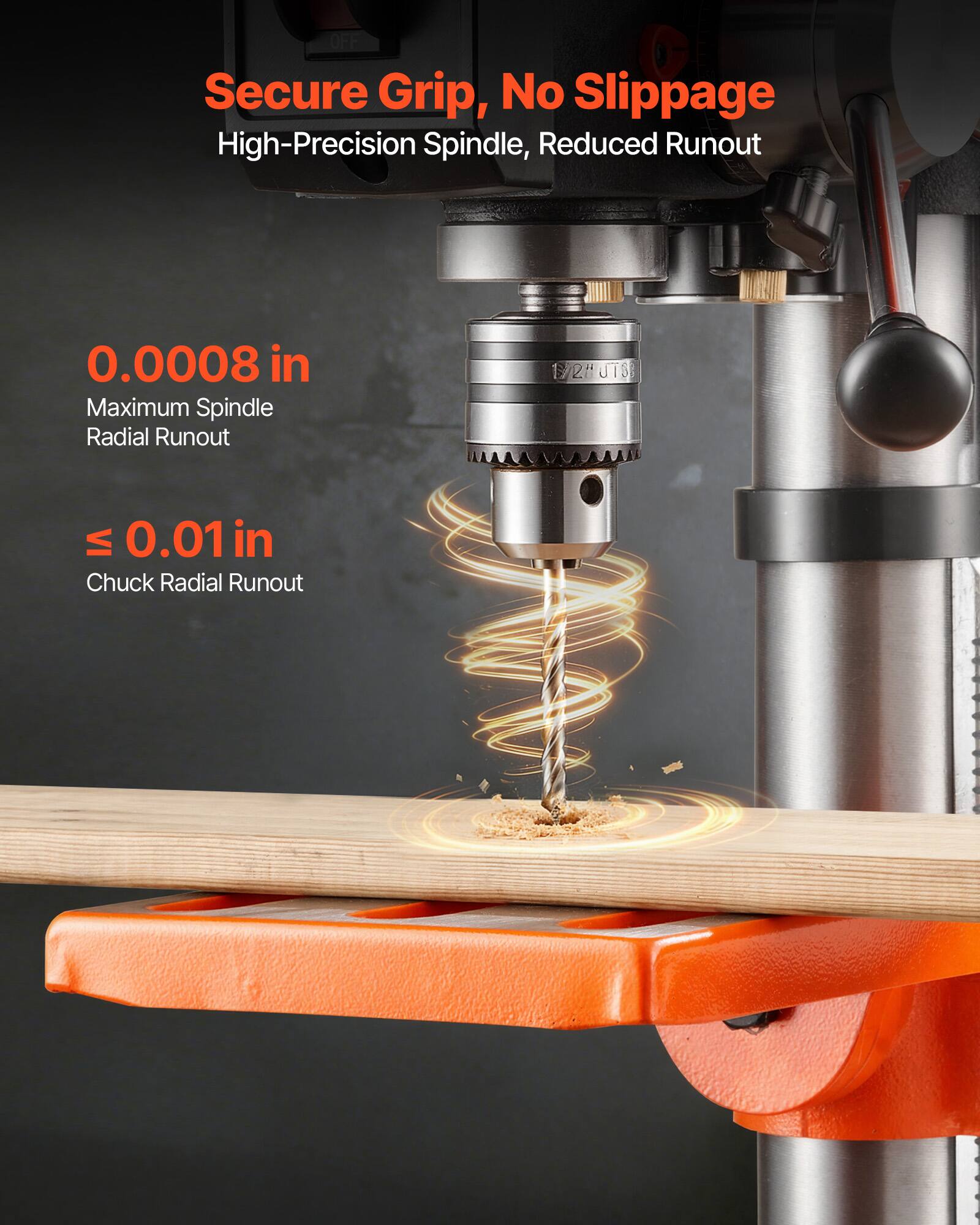 Secure Grip, No Slippage  
High-Precision Spindle, Reduced Runout  

0.0008 in  
Maximum Spindle Radial Runout  

≤ 0.01 in  
Chuck Radial Runout