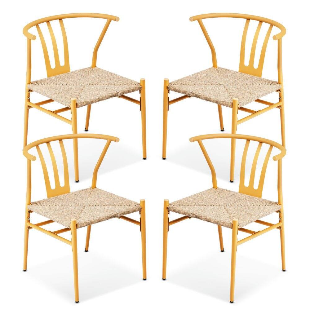 Left. Resenkos - Resenkos Mid-Century Modern Weave Dining Chairs With Metal Rattan, 4-Piece Set, Wood Color - Wood Color.