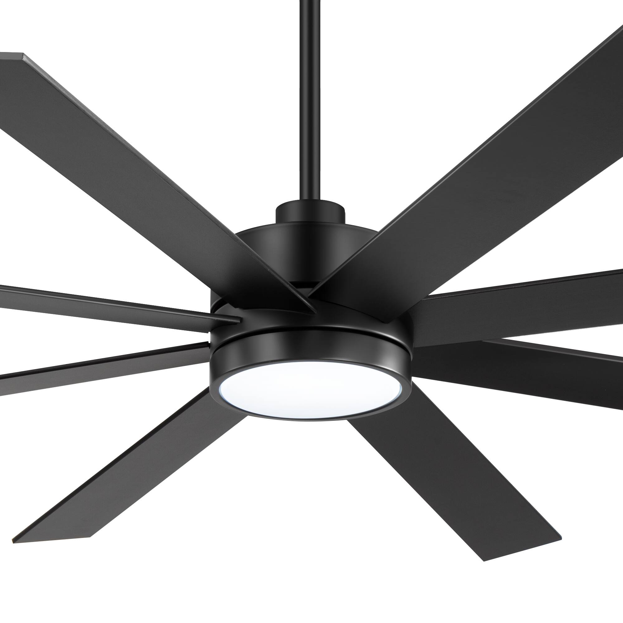 Left. Breezary - 72-Inch Ceiling Fan with 8-Blade Design, 3-Color Light, 6-Speed DC Motor, 6"/20" Downrods, Remote with Timer - Matte Black.