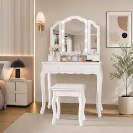 WELLFOR - Classic Makeup Vanity Table Set with Hollywood Lighted Mirror, 4 Drawers and Padded Stool for Bedroom Dressing Room - White