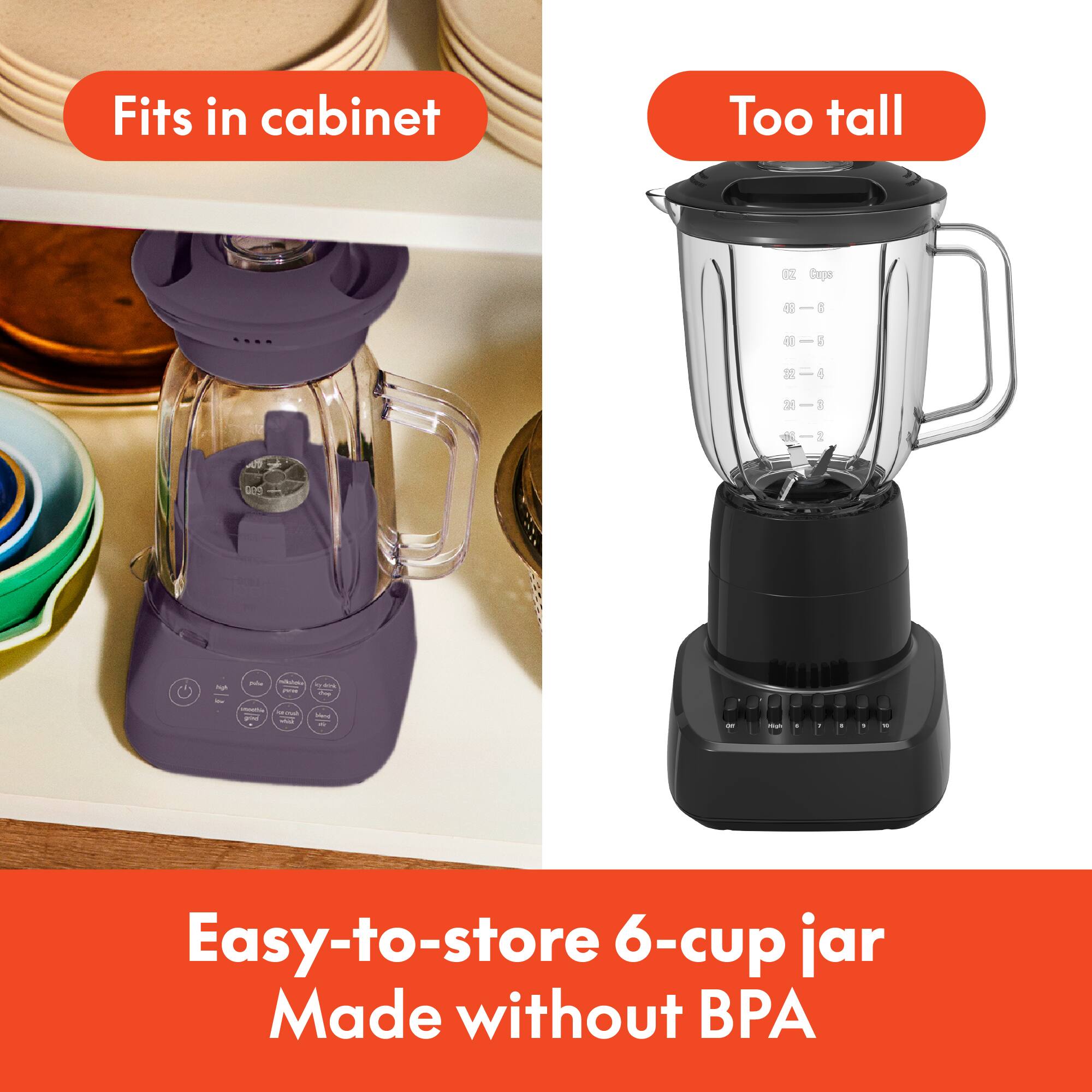Fits in cabinet

Too tall

Easy-to-store 6-cup jar
Made without BPA
