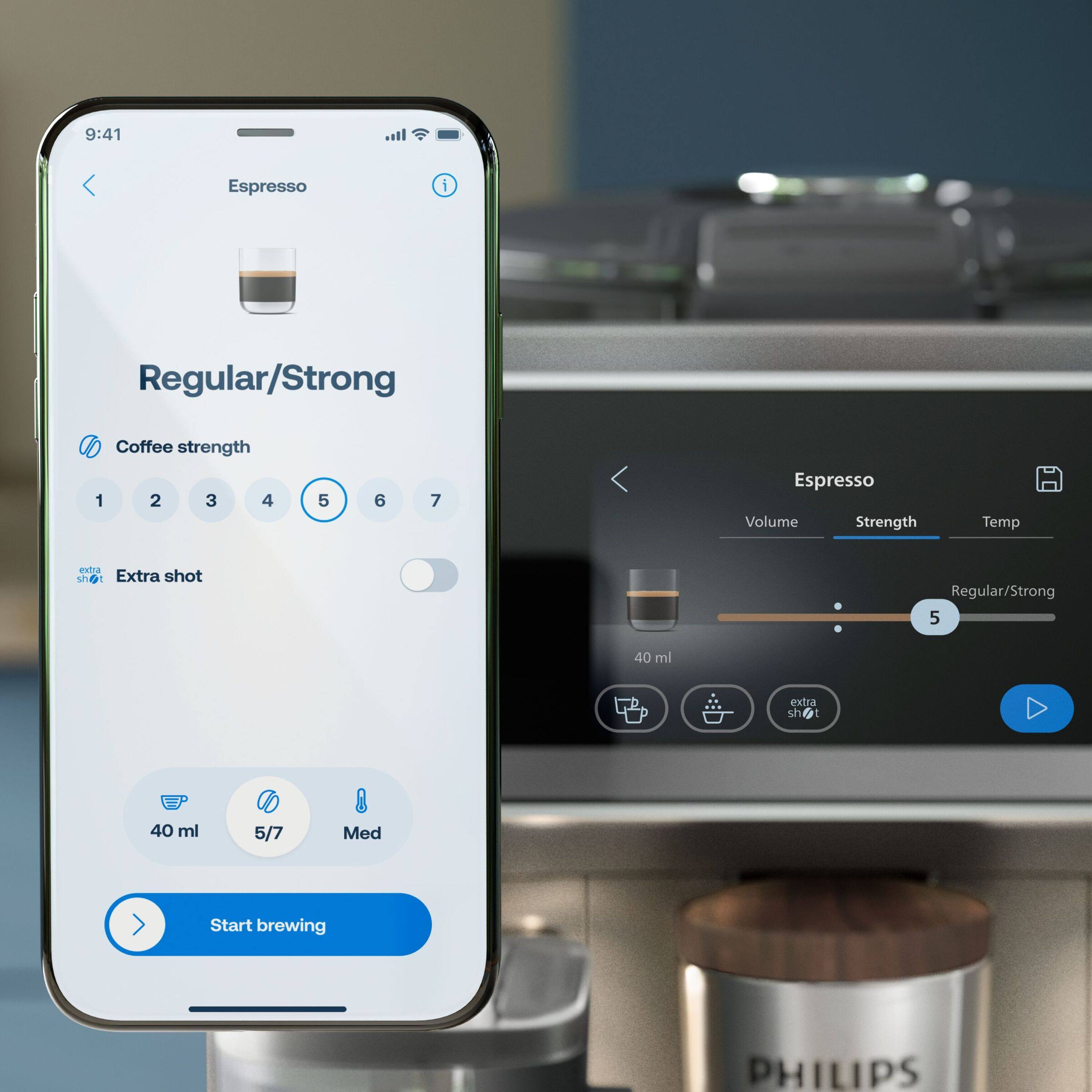 9:41 Espresso  
Regular/Strong  
Coffee strength: 1 2 3 4 5 6 7  
Extra shot  
40 ml  
5/7  
Med  
Start brewing  

PHILIPS