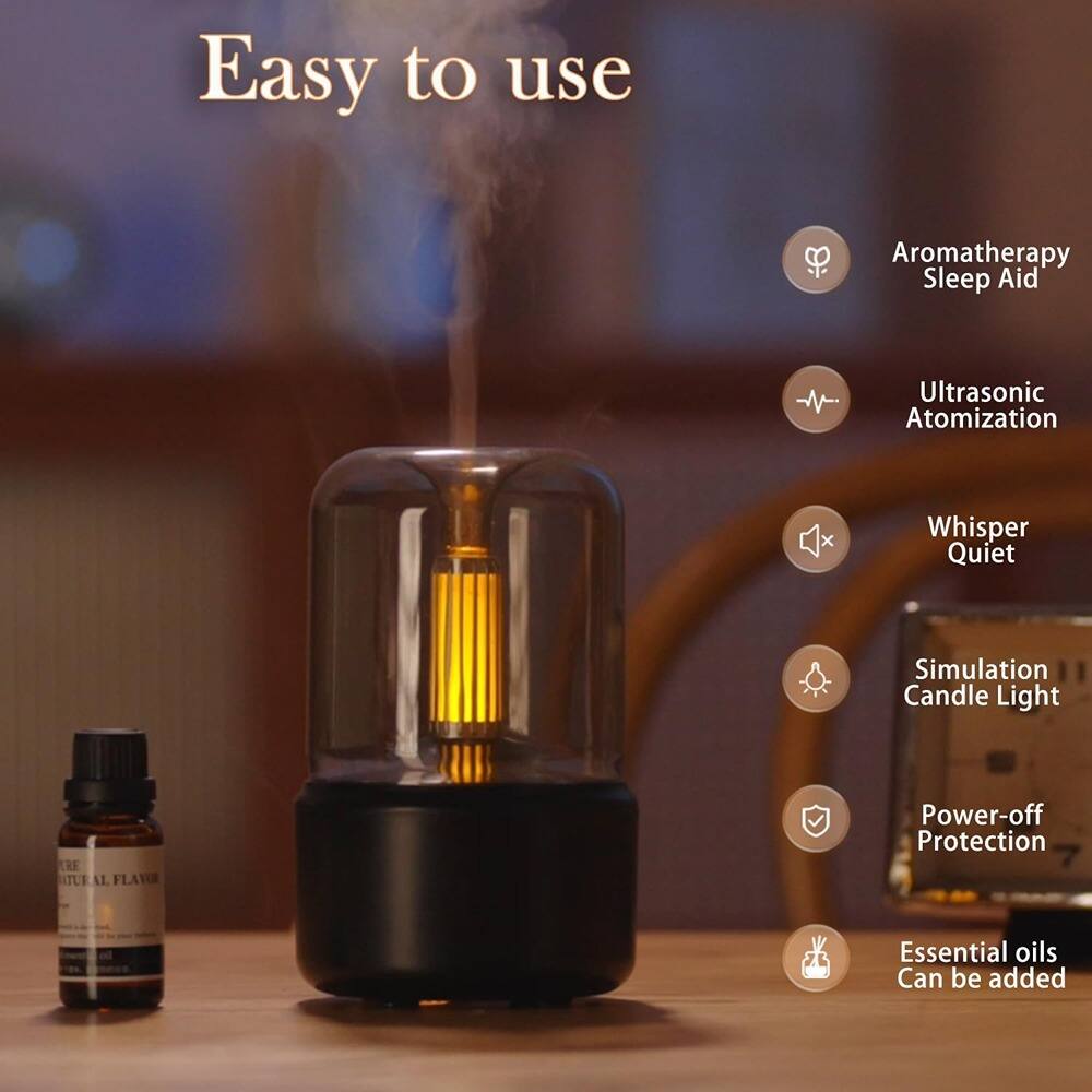 Easy to use

- Aromatherapy Sleep Aid
- Ultrasonic Atomization
- Whisper Quiet
- Simulation Candle Light
- Power-off Protection
- Essential oils Can be added